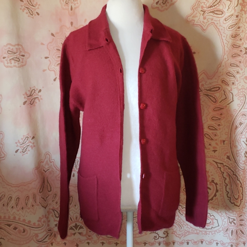 Red Wool Sweater. Wool Cardigan. Red Buttons Warm